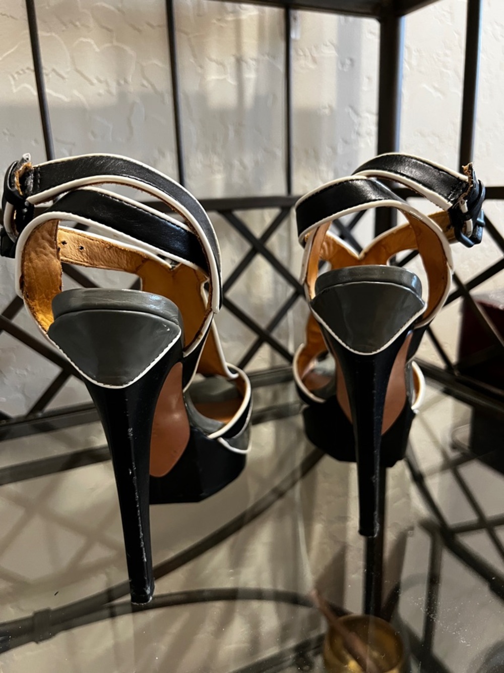 L.A.M.B. Black, White & Gray Houndstooth Platform Heels with Ankle Strap - Picture 2 of 6